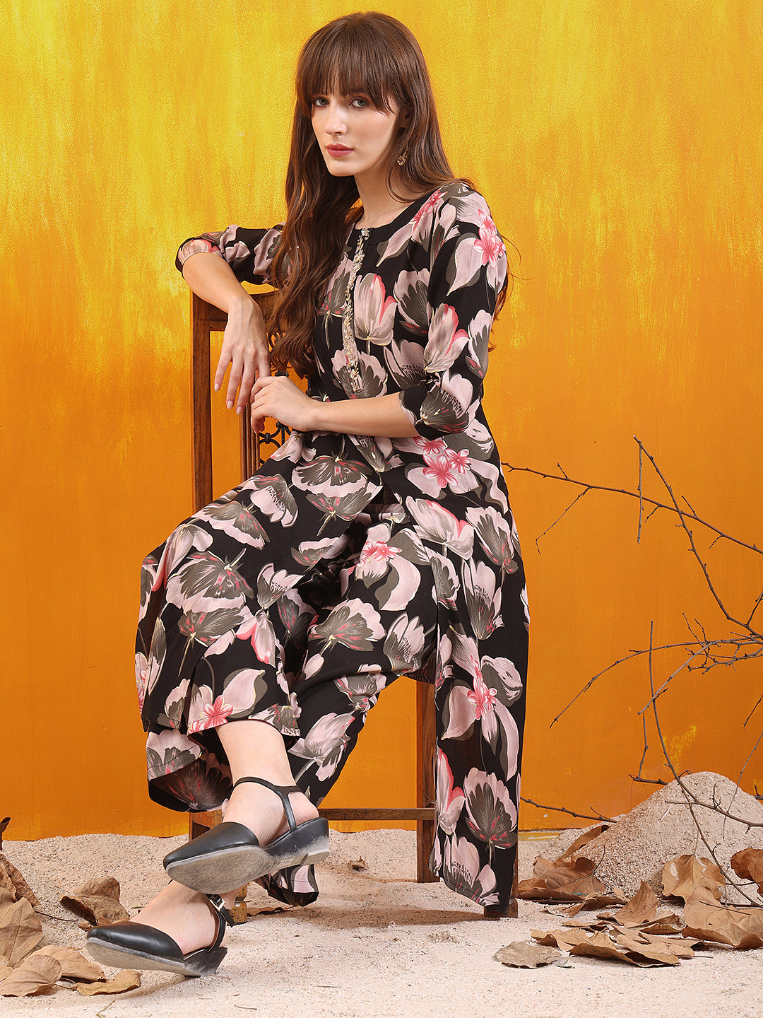 Floral Printed Front Slit Kurta With Palazzo Pant, Black - Hiral Fashion | Grocsy