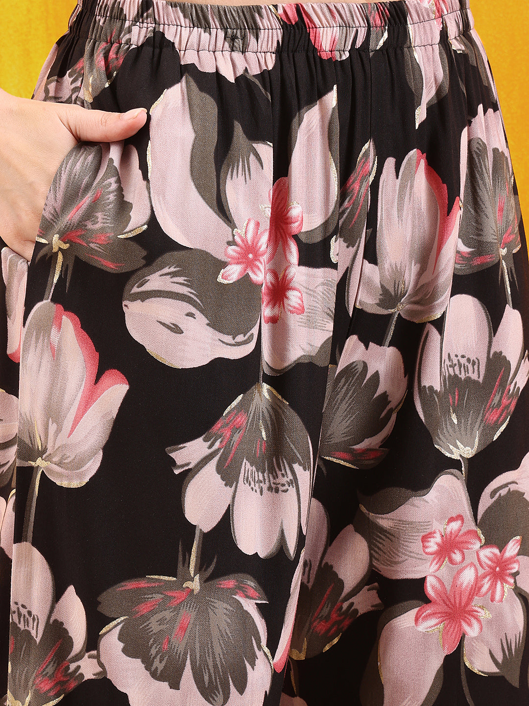Floral Printed Front Slit Kurta With Palazzo Pant, Black - Hiral Fashion | Grocsy