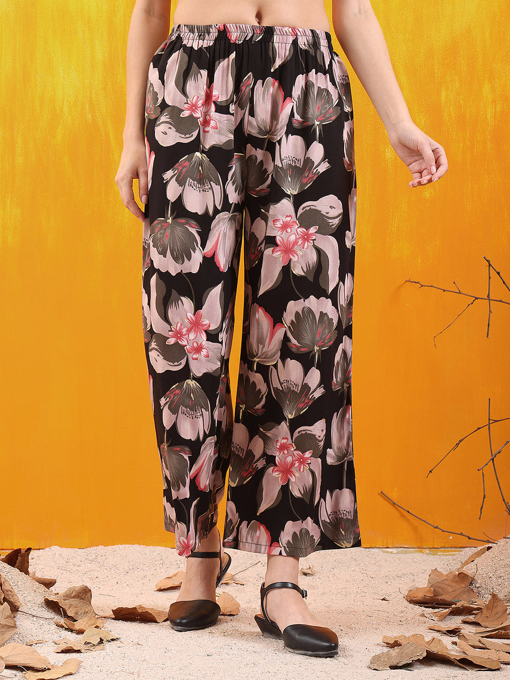 Floral Printed Front Slit Kurta With Palazzo Pant, Black - Hiral Fashion | Grocsy