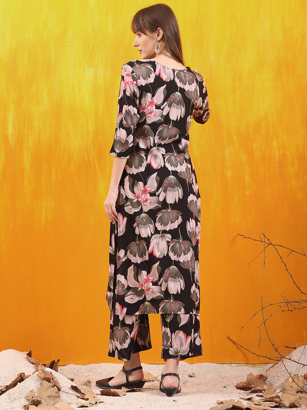 Floral Printed Front Slit Kurta With Palazzo Pant, Black - Hiral Fashion | Grocsy