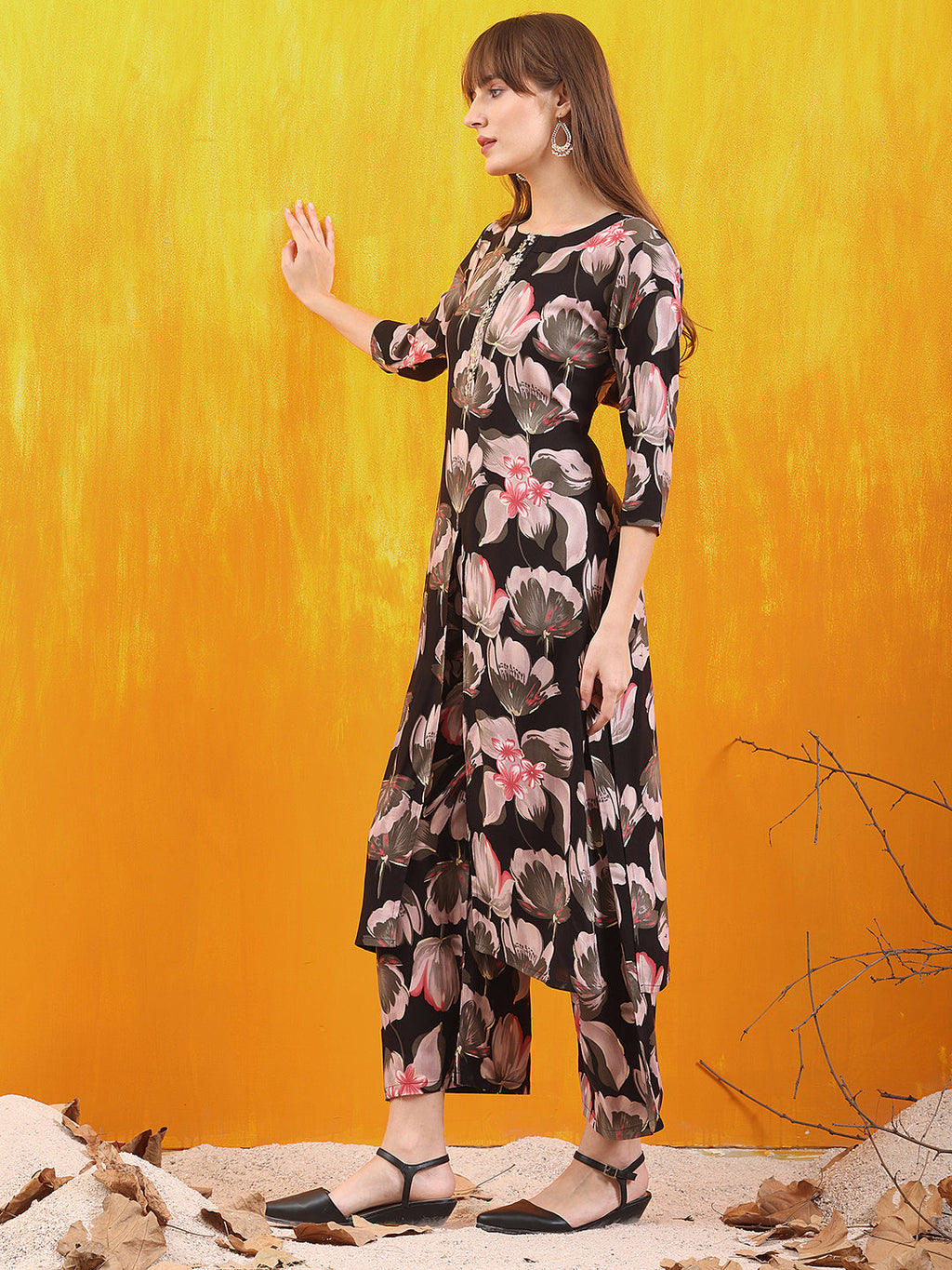 Floral Printed Front Slit Kurta With Palazzo Pant, Black - Hiral Fashion | Grocsy