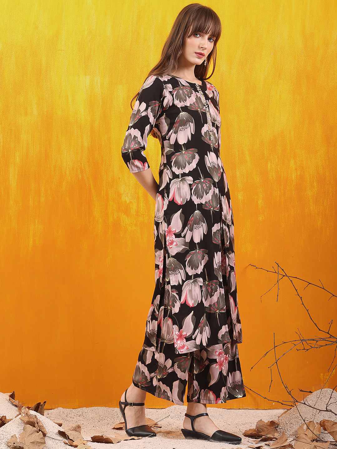 Floral Printed Front Slit Kurta With Palazzo Pant, Black - Hiral Fashion | Grocsy