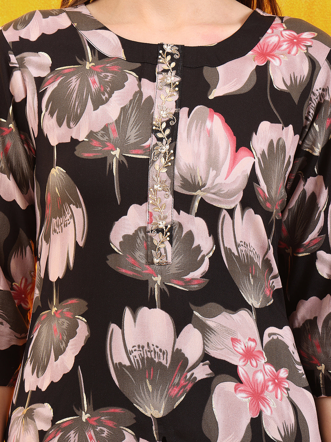 Floral Printed Front Slit Kurta With Palazzo Pant, Black - Hiral Fashion | Grocsy