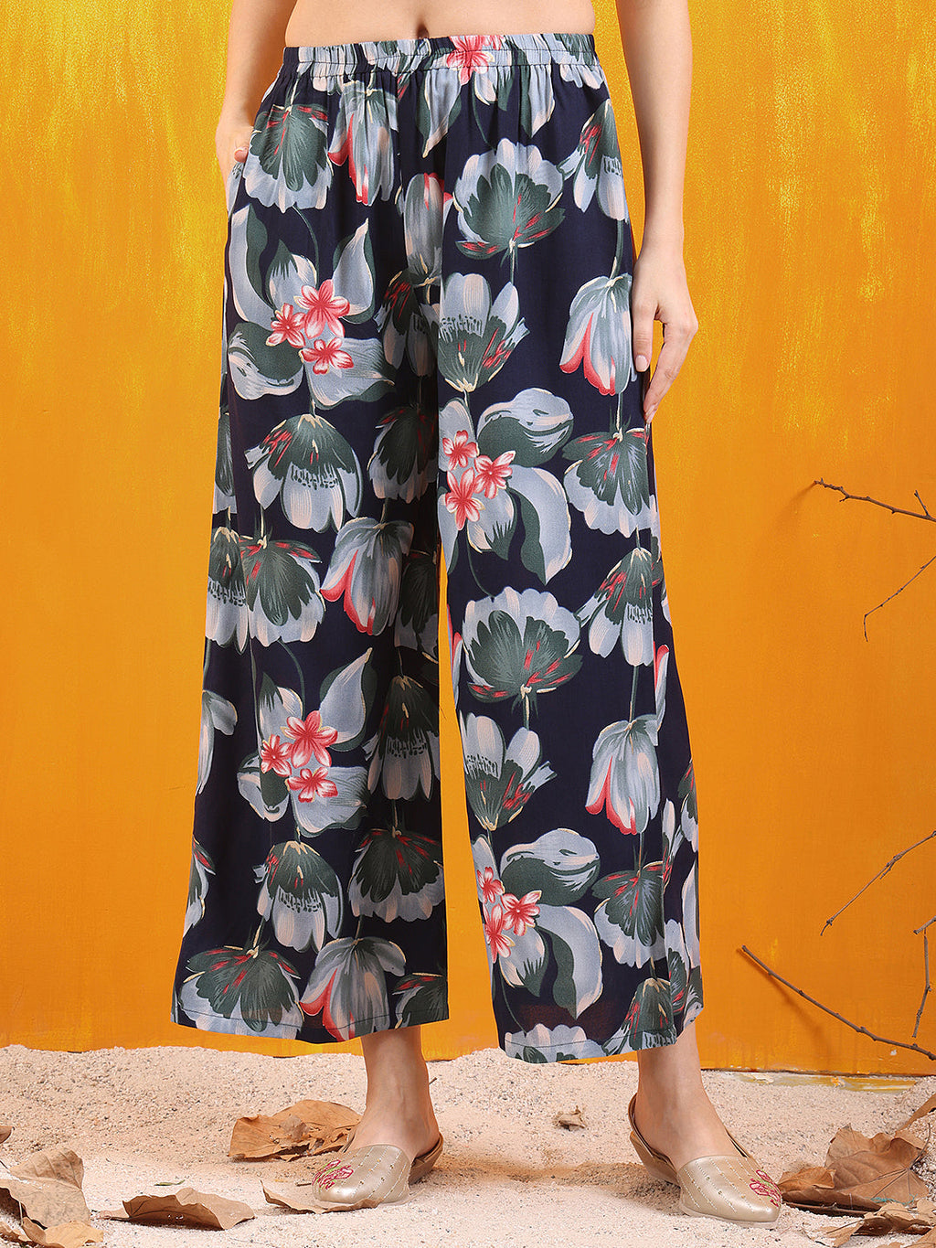 Floral Printed Front Slit Kurta With Palazzo Pant, Navy Blue - Hiral Fashion | Grocsy