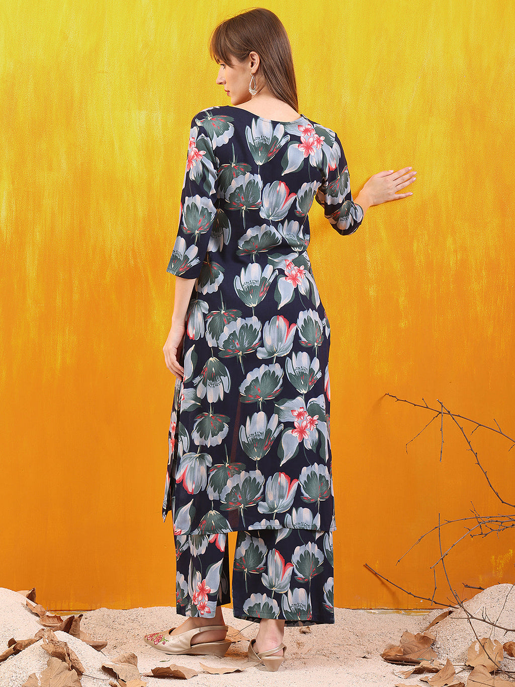 Floral Printed Front Slit Kurta With Palazzo Pant, Navy Blue - Hiral Fashion | Grocsy