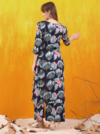 Floral Printed Front Slit Kurta With Palazzo Pant, Navy Blue - Hiral Fashion | Grocsy