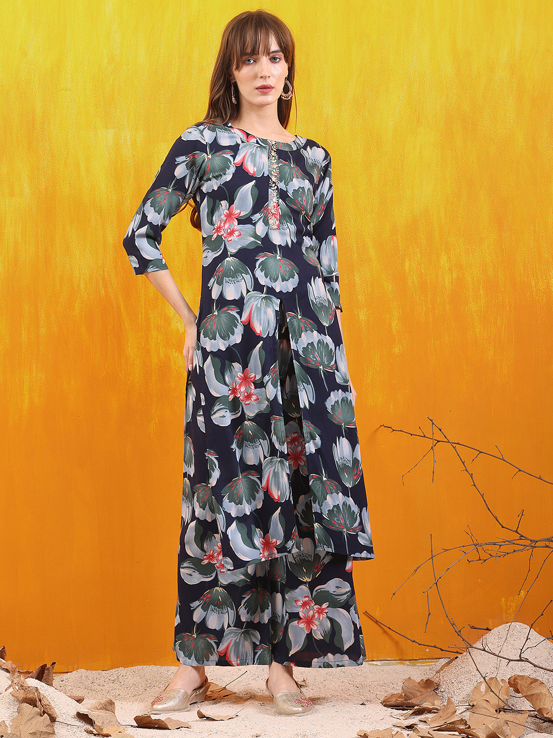 Floral Printed Front Slit Kurta With Palazzo Pant, Navy Blue - Hiral Fashion | Grocsy