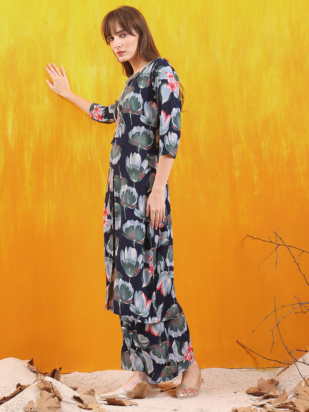 Floral Printed Front Slit Kurta With Palazzo Pant, Navy Blue - Hiral Fashion | Grocsy