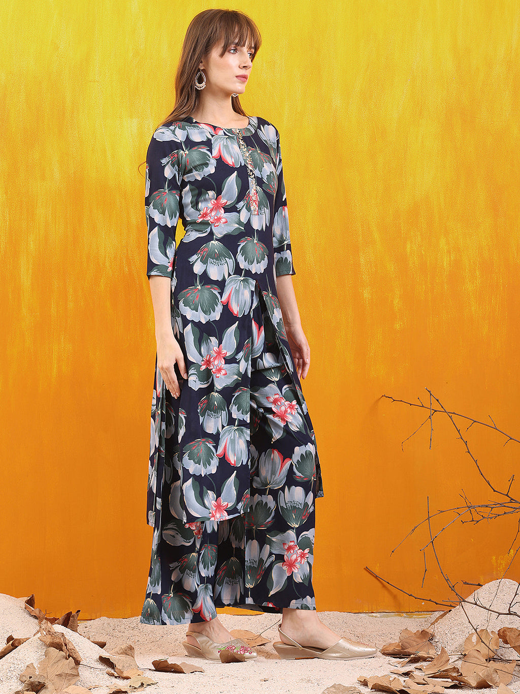 Floral Printed Front Slit Kurta With Palazzo Pant, Navy Blue - Hiral Fashion | Grocsy