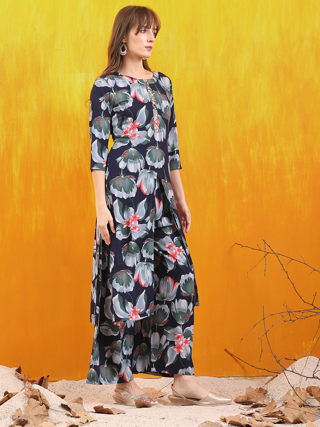 Floral Printed Front Slit Kurta With Palazzo Pant, Navy Blue - Hiral Fashion | Grocsy