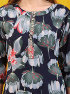 Floral Printed Front Slit Kurta With Palazzo Pant, Navy Blue - Hiral Fashion | Grocsy