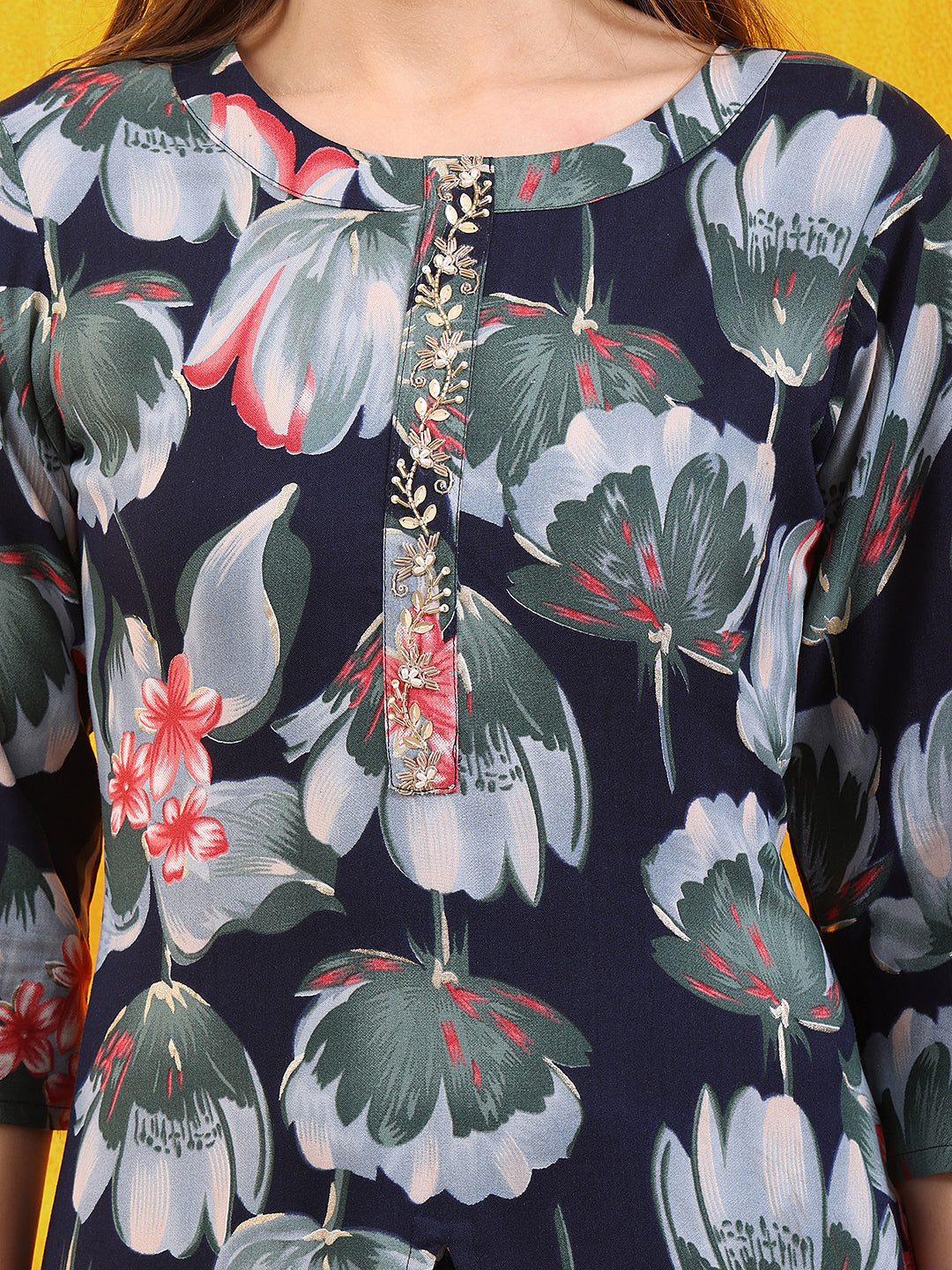 Floral Printed Front Slit Kurta With Palazzo Pant, Navy Blue - Hiral Fashion | Grocsy