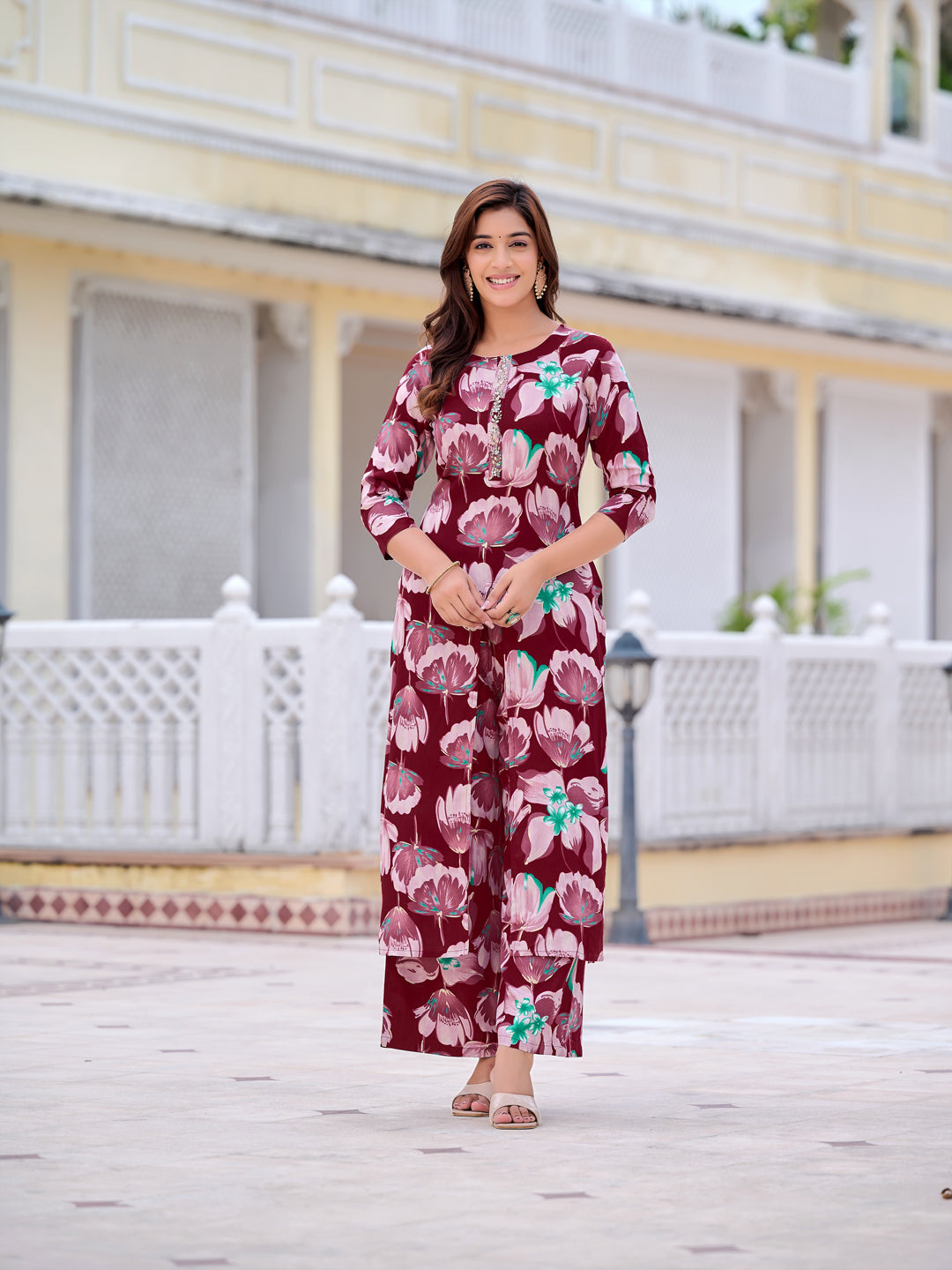 Floral Printed Front Slit Kurta With Palazzo Pant, Purple - Hiral Fashion | Grocsy