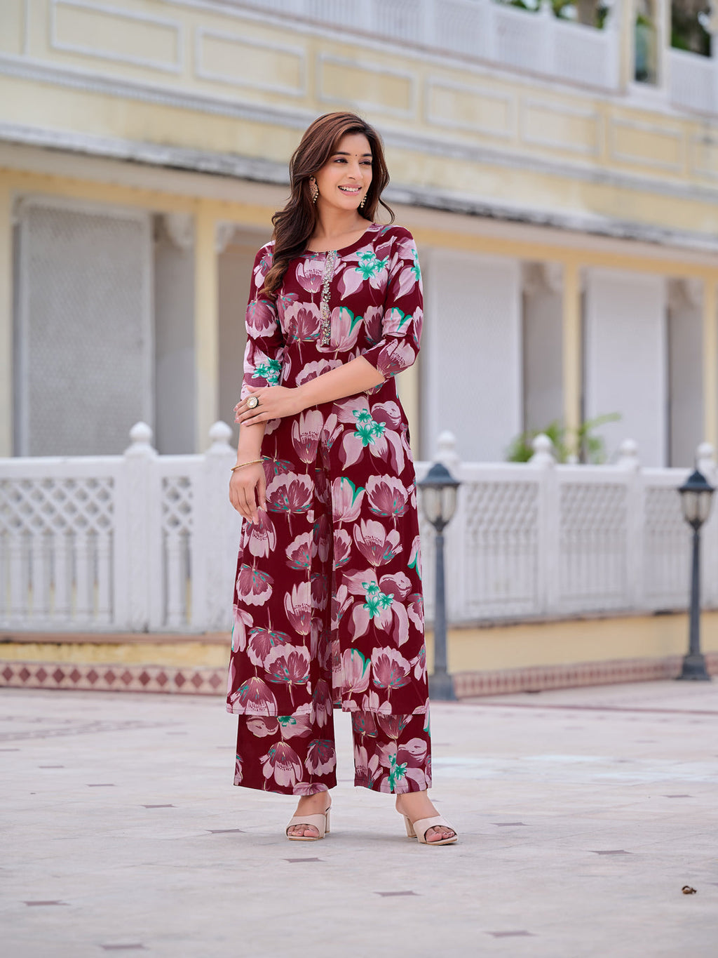 Floral Printed Front Slit Kurta With Palazzo Pant, Purple - Hiral Fashion | Grocsy