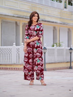 Floral Printed Front Slit Kurta With Palazzo Pant, Purple - Hiral Fashion | Grocsy