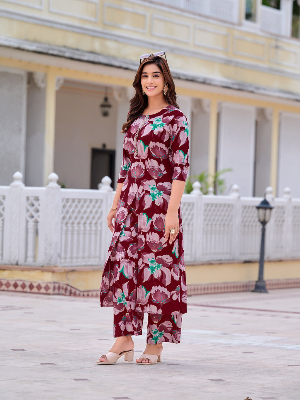 Floral Printed Front Slit Kurta With Palazzo Pant, Purple - Hiral Fashion | Grocsy