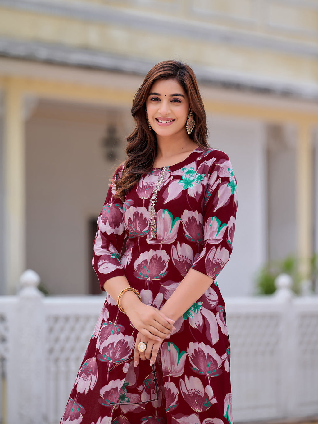 Floral Printed Front Slit Kurta With Palazzo Pant, Purple - Hiral Fashion | Grocsy