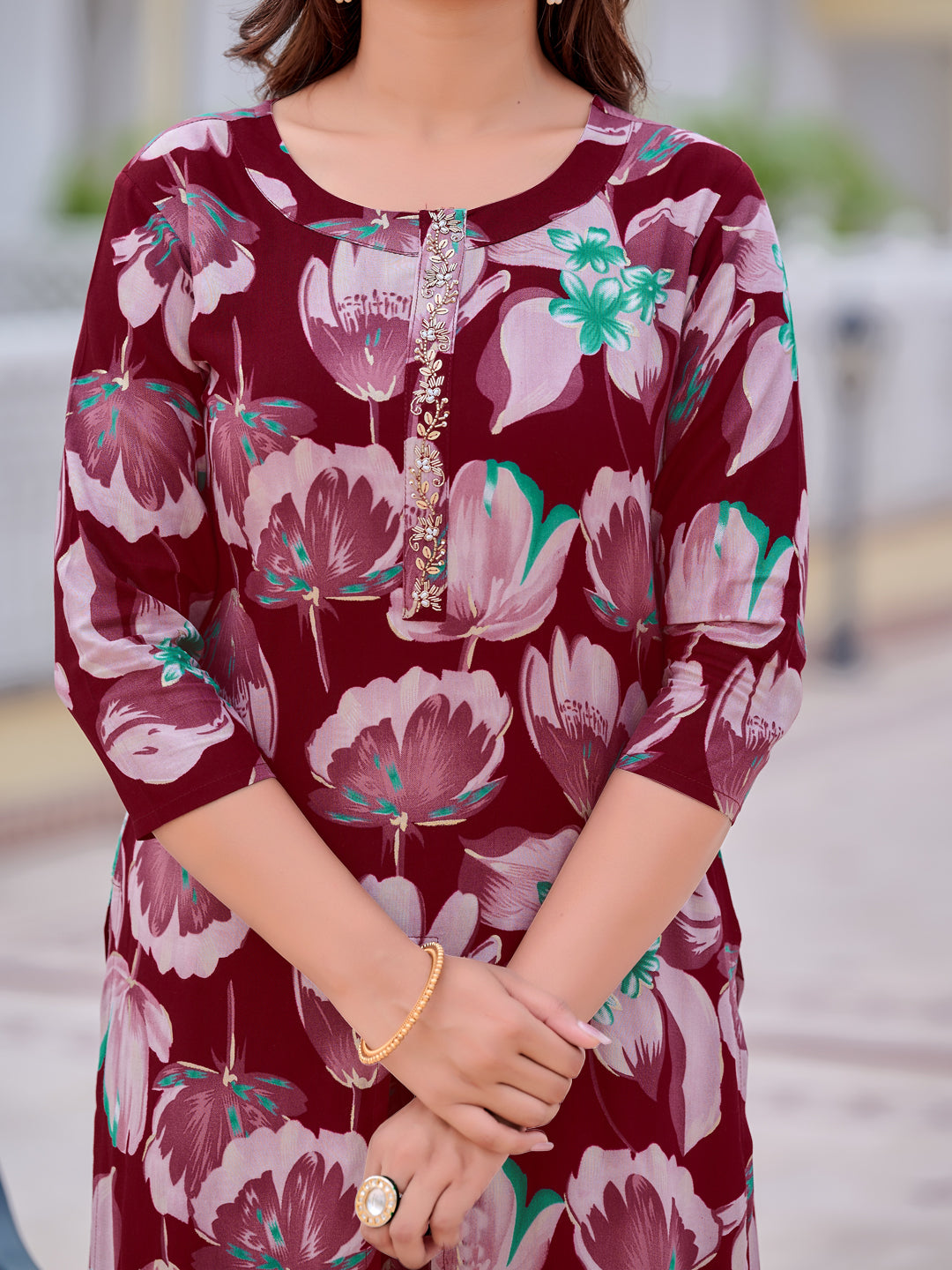 Floral Printed Front Slit Kurta With Palazzo Pant, Purple - Hiral Fashion | Grocsy