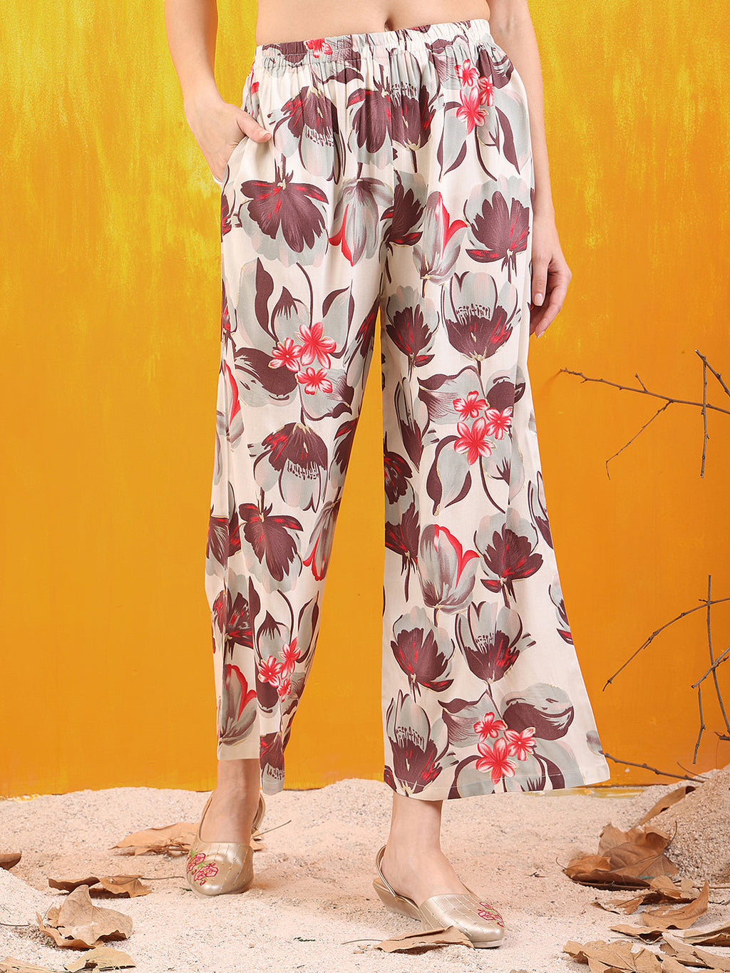 Floral Printed Front Slit Kurta With Palazzo Pant, White - Hiral Fashion | Grocsy