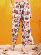 Floral Printed Front Slit Kurta With Palazzo Pant, White - Hiral Fashion | Grocsy