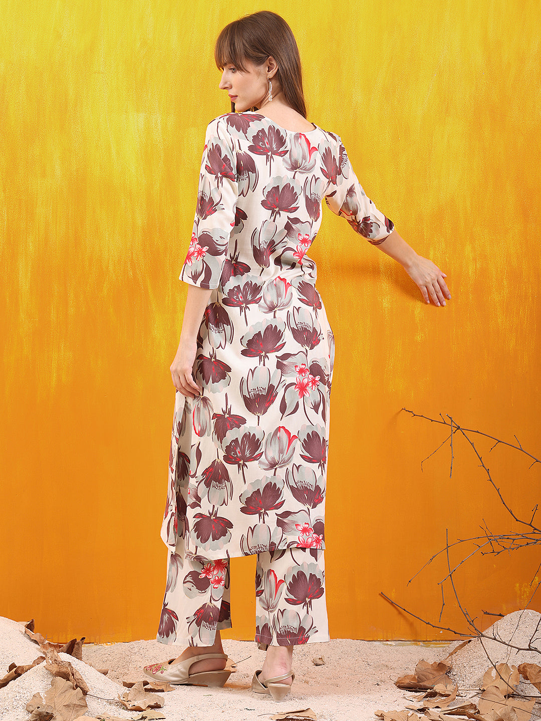 Floral Printed Front Slit Kurta With Palazzo Pant, White - Hiral Fashion | Grocsy