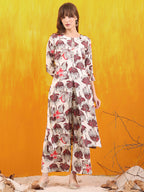 Floral Printed Front Slit Kurta With Palazzo Pant, White - Hiral Fashion | Grocsy