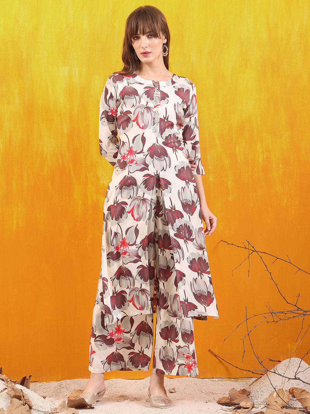 Floral Printed Front Slit Kurta With Palazzo Pant, White - Hiral Fashion | Grocsy