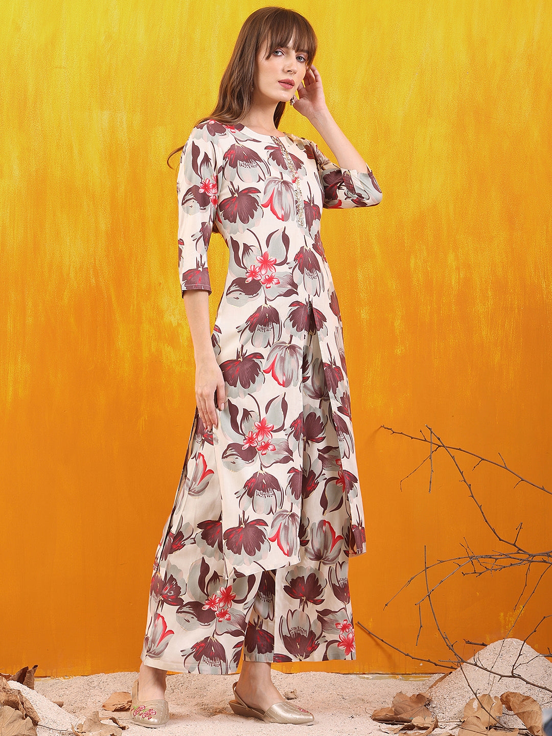 Floral Printed Front Slit Kurta With Palazzo Pant, White - Hiral Fashion | Grocsy