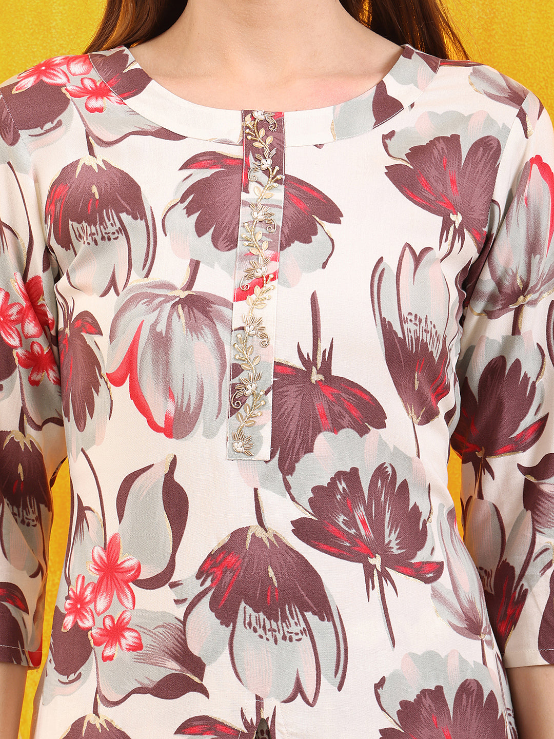 Floral Printed Front Slit Kurta With Palazzo Pant, White - Hiral Fashion | Grocsy