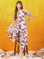 Floral Printed Front Slit Kurta With Palazzo Pant, White - Hiral Fashion | Grocsy