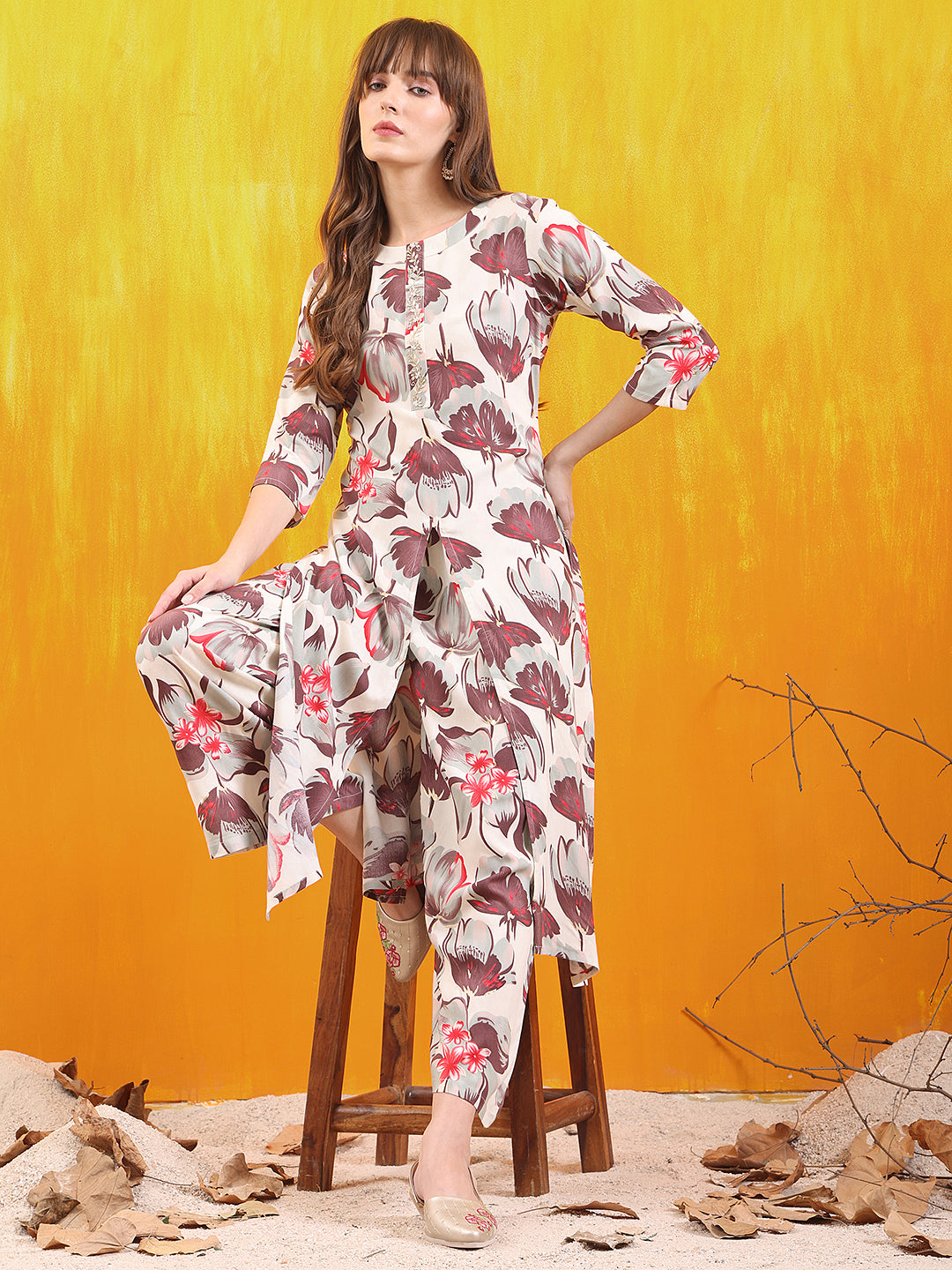 Floral Printed Front Slit Kurta With Palazzo Pant, White - Hiral Fashion | Grocsy