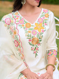 Embroidered Kurta With Pant & Organza Embroidered Dupatta, White - Hiral Fashion | Grocsy
