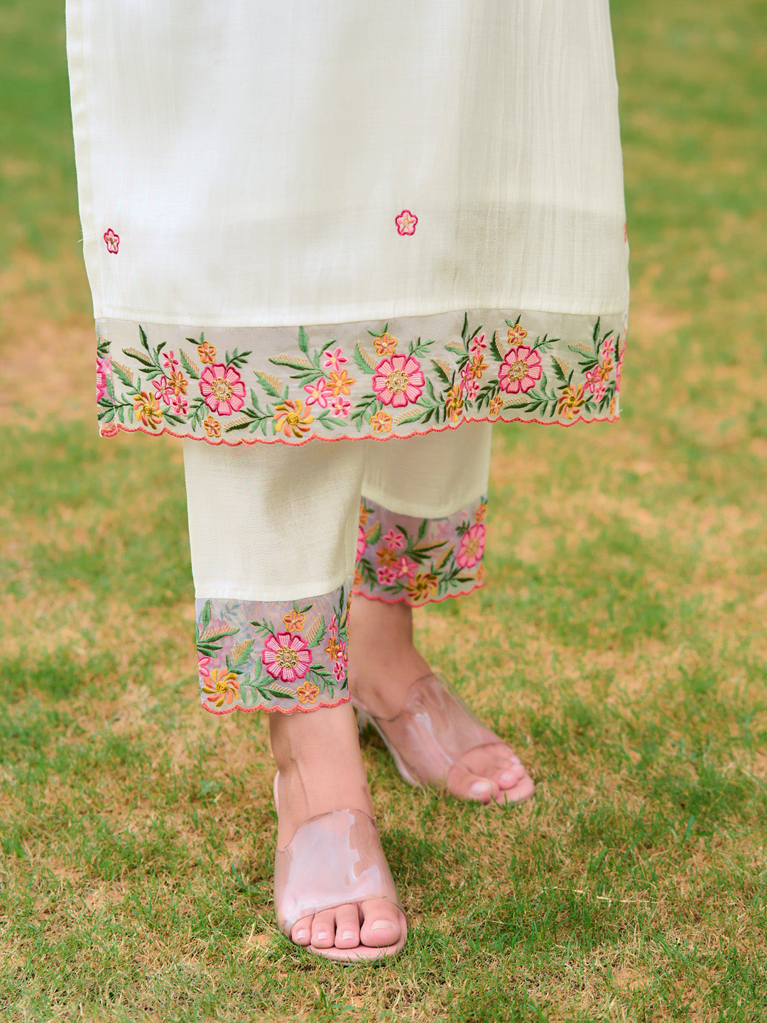 Embroidered Kurta With Pant & Organza Embroidered Dupatta, White - Hiral Fashion | Grocsy