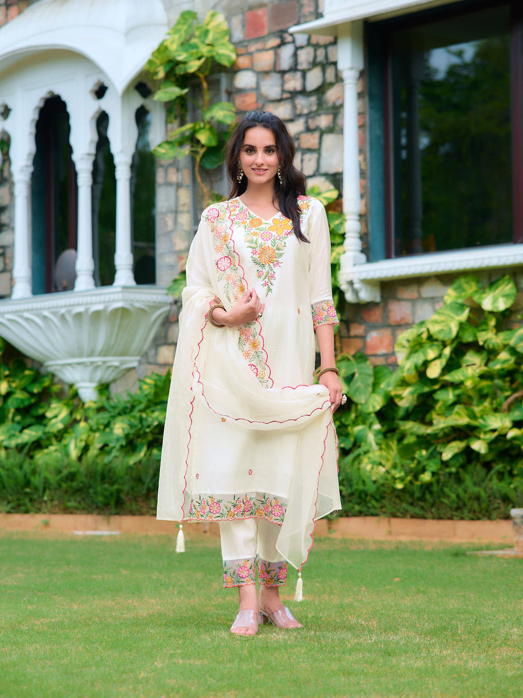 Embroidered Kurta With Pant & Organza Embroidered Dupatta, White - Hiral Fashion | Grocsy