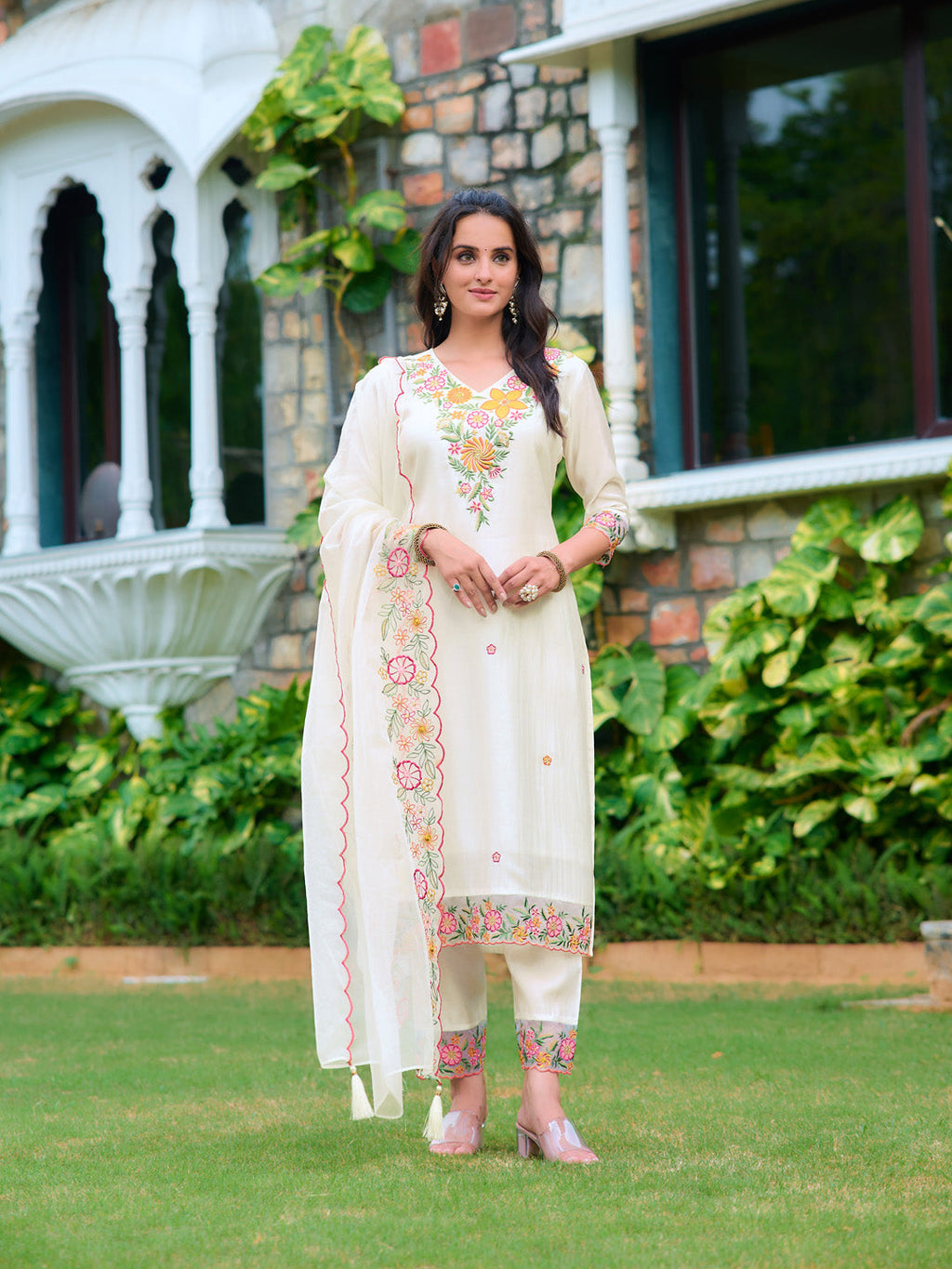 Embroidered Kurta With Pant & Organza Embroidered Dupatta, White - Hiral Fashion | Grocsy