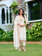 Embroidered Kurta With Pant & Organza Embroidered Dupatta, White - Hiral Fashion | Grocsy
