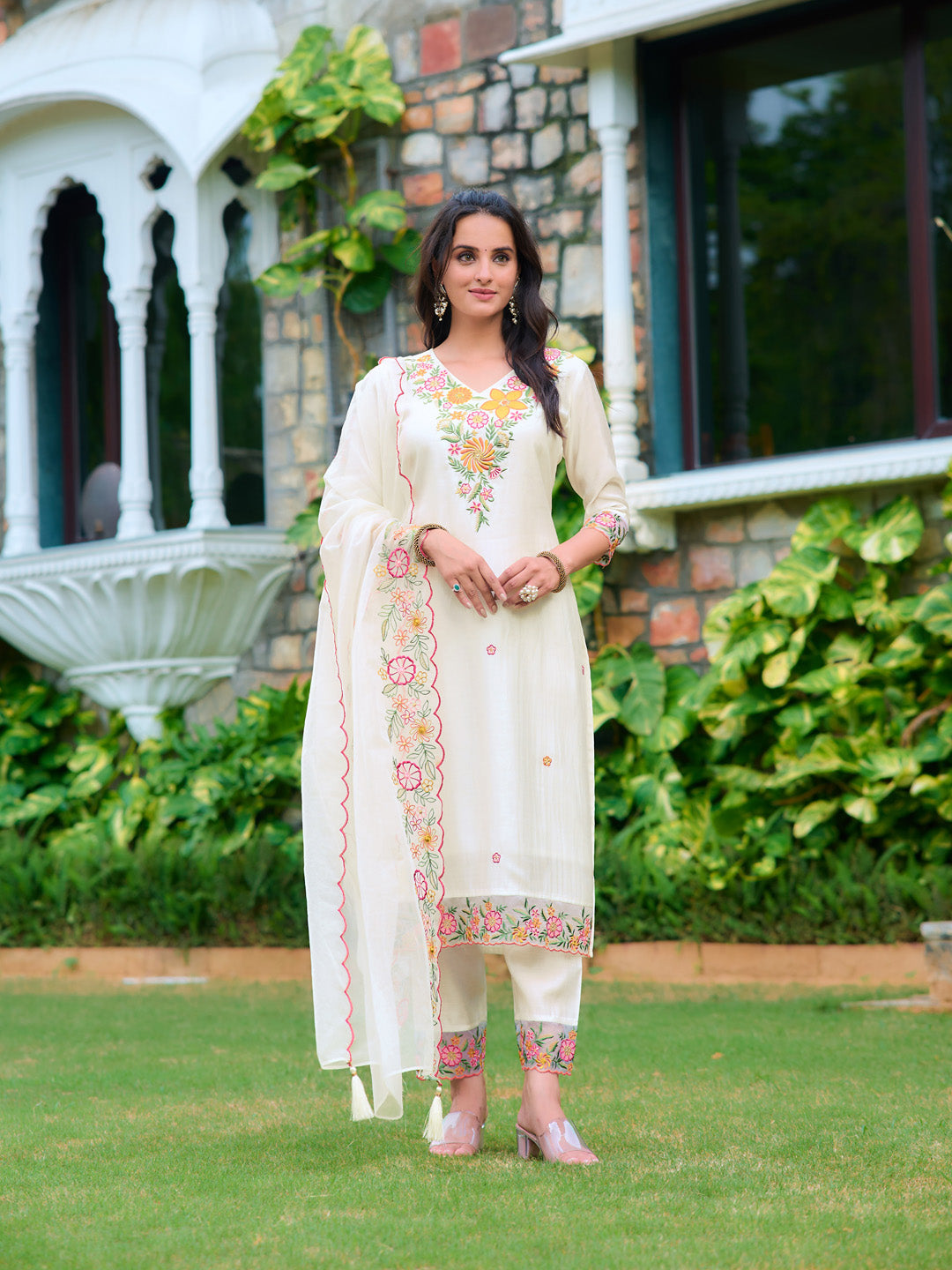 Embroidered Kurta With Pant & Organza Embroidered Dupatta, White - Hiral Fashion | Grocsy