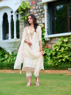 Embroidered Kurta With Pant & Organza Embroidered Dupatta, White - Hiral Fashion | Grocsy