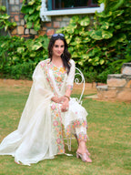 Embroidered Kurta With Pant & Organza Embroidered Dupatta, White - Hiral Fashion | Grocsy