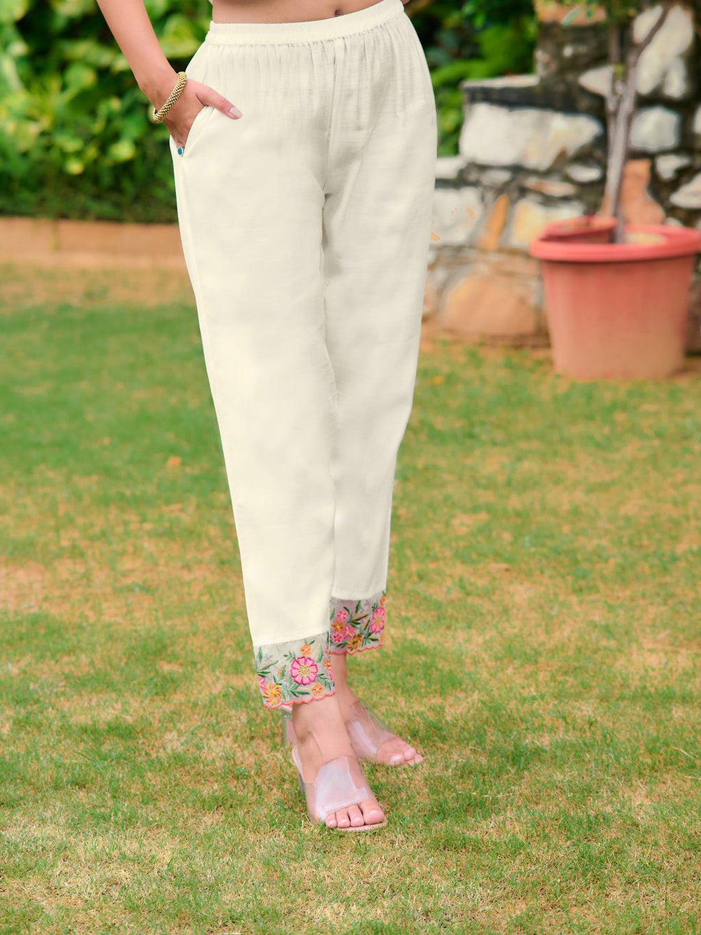 Embroidered Kurta With Pant & Organza Embroidered Dupatta, White - Hiral Fashion | Grocsy