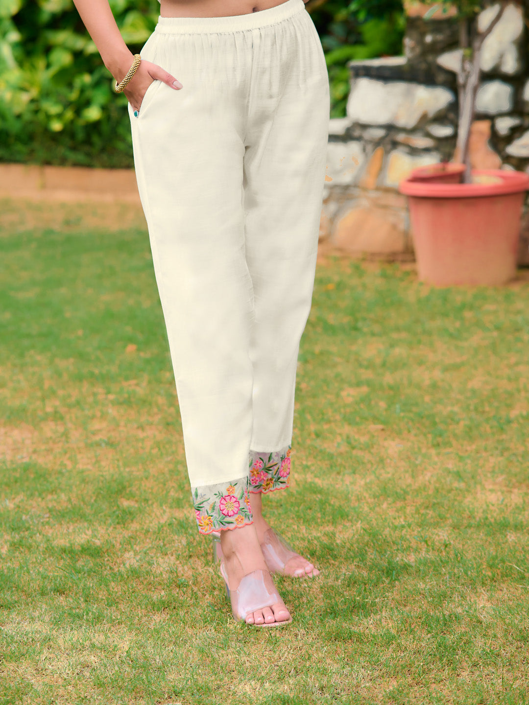 Embroidered Kurta With Pant & Organza Embroidered Dupatta, White - Hiral Fashion | Grocsy