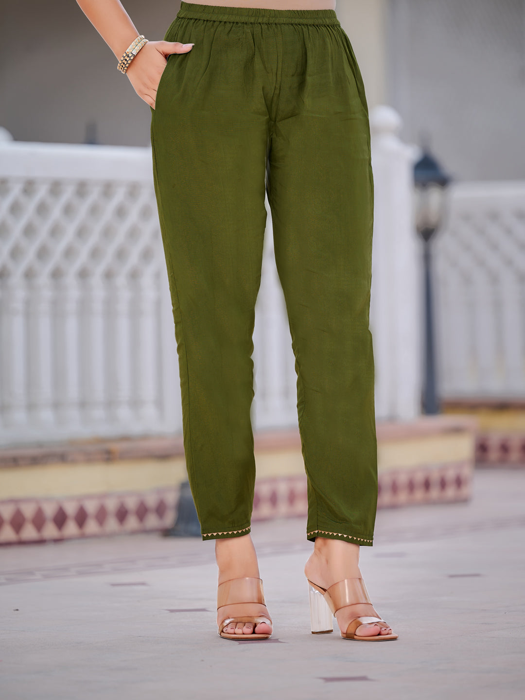 Pure Banarasi Jacquard Hand Embroidered Kurta With Pant & Banarasi Jacquard Dupatta, Green - Hiral Fashion | Grocsy