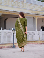 Pure Banarasi Jacquard Hand Embroidered Kurta With Pant & Banarasi Jacquard Dupatta, Green - Hiral Fashion | Grocsy