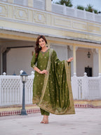 Pure Banarasi Jacquard Hand Embroidered Kurta With Pant & Banarasi Jacquard Dupatta, Green - Hiral Fashion | Grocsy