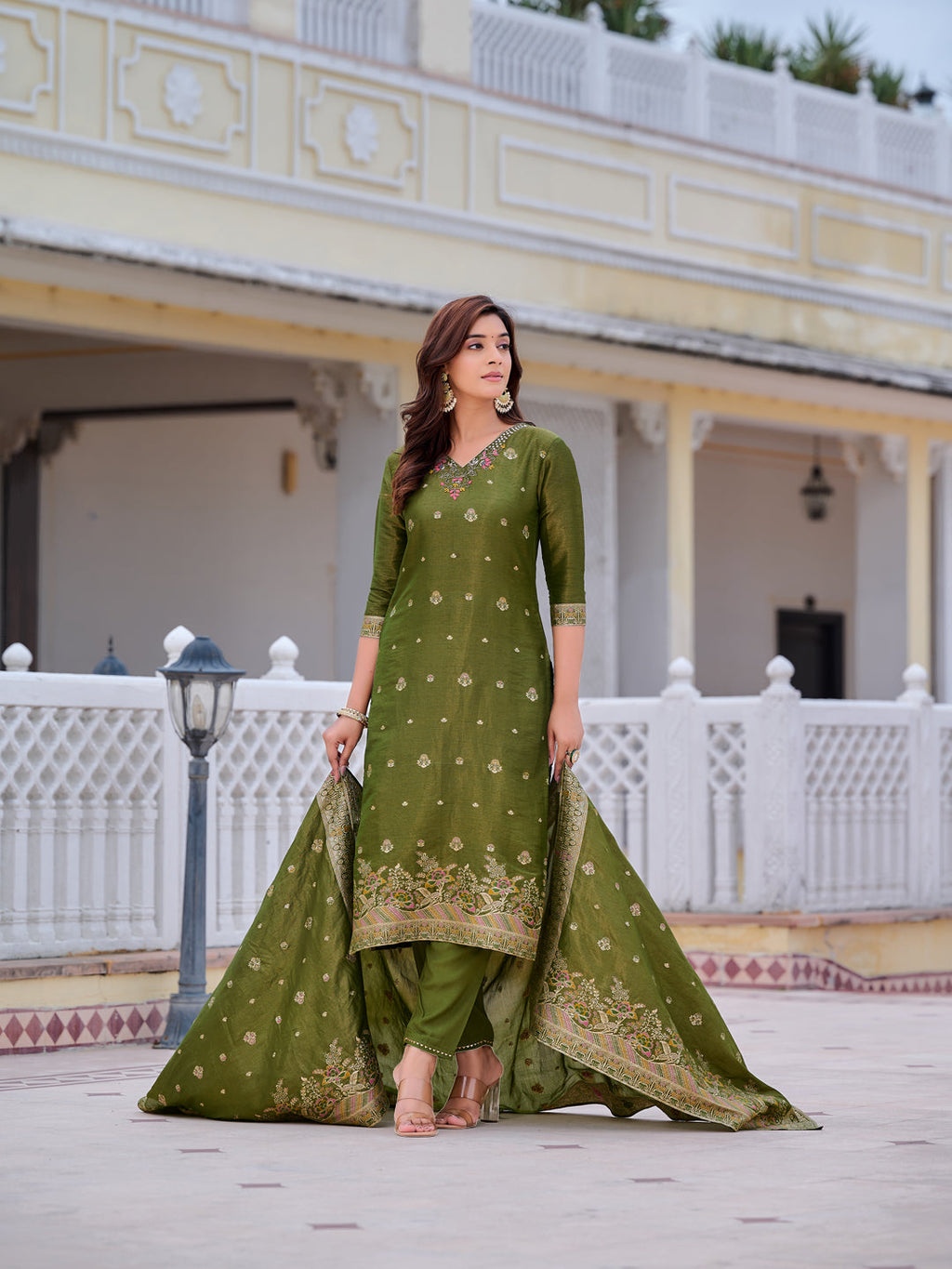 Pure Banarasi Jacquard Hand Embroidered Kurta With Pant & Banarasi Jacquard Dupatta, Green - Hiral Fashion | Grocsy