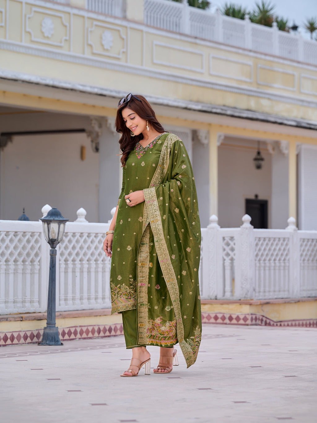 Pure Banarasi Jacquard Hand Embroidered Kurta With Pant & Banarasi Jacquard Dupatta, Green - Hiral Fashion | Grocsy