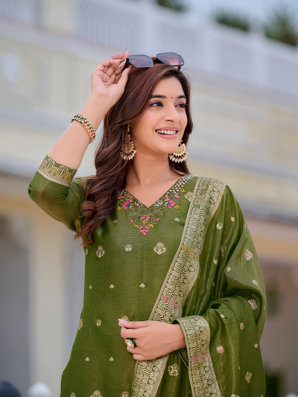 Pure Banarasi Jacquard Hand Embroidered Kurta With Pant & Banarasi Jacquard Dupatta, Green - Hiral Fashion | Grocsy