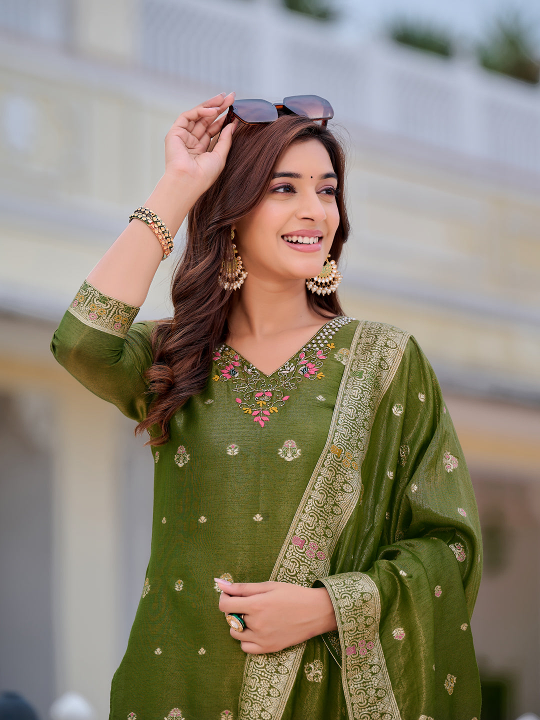 Pure Banarasi Jacquard Hand Embroidered Kurta With Pant & Banarasi Jacquard Dupatta, Green - Hiral Fashion | Grocsy
