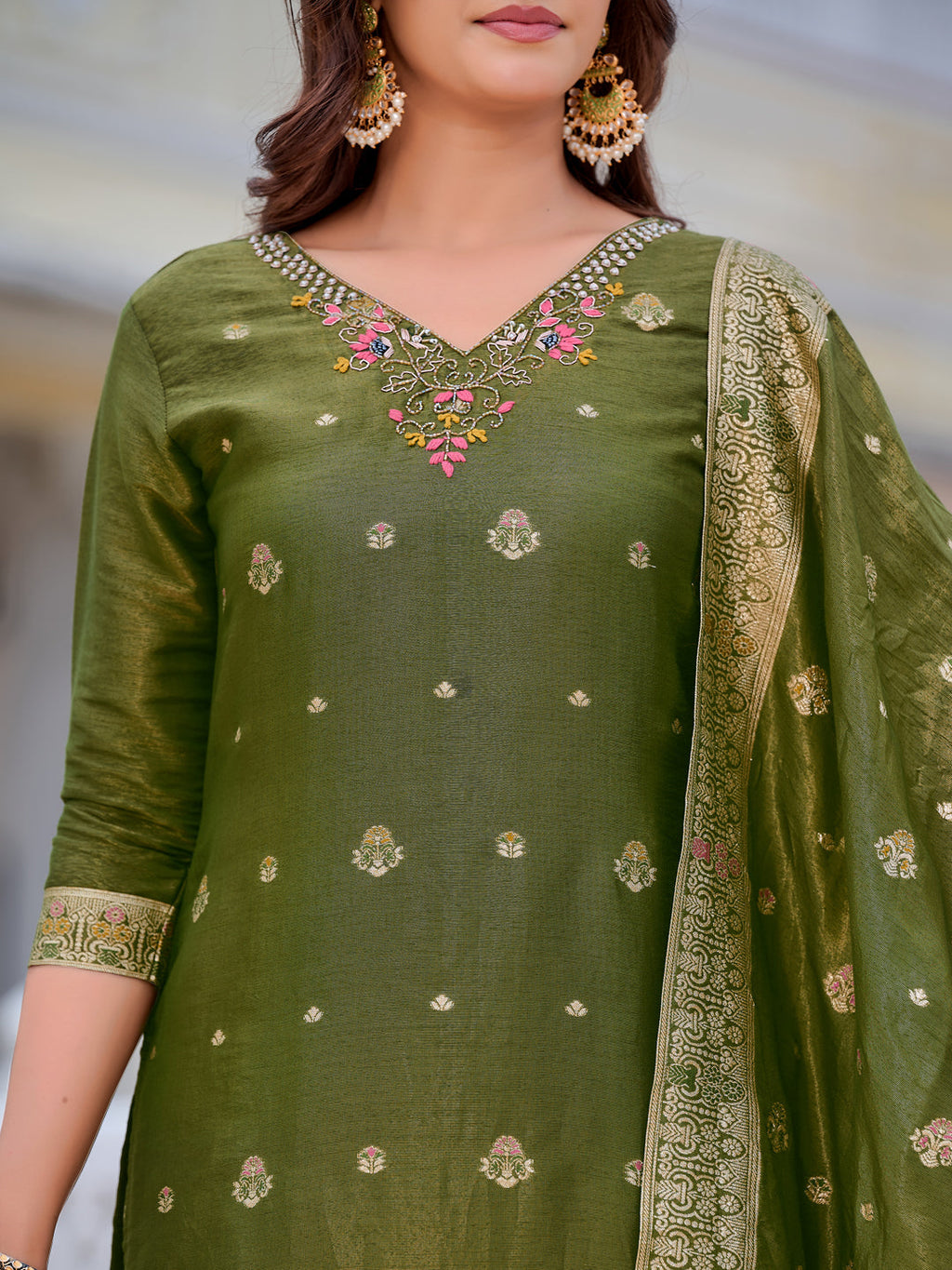 Pure Banarasi Jacquard Hand Embroidered Kurta With Pant & Banarasi Jacquard Dupatta, Green - Hiral Fashion | Grocsy