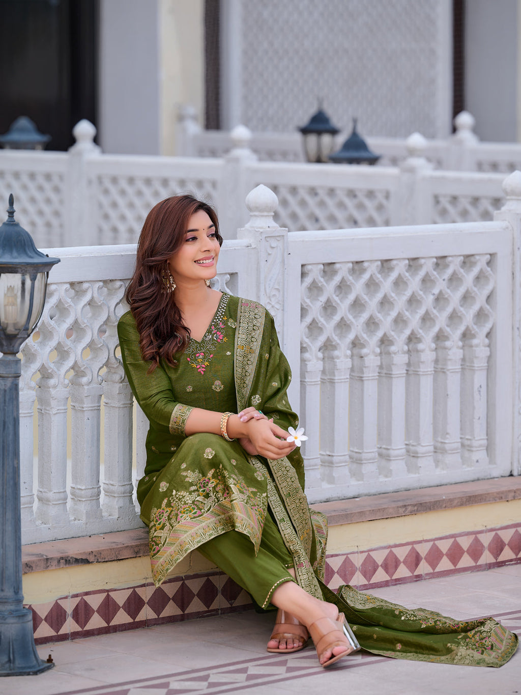 Pure Banarasi Jacquard Hand Embroidered Kurta With Pant & Banarasi Jacquard Dupatta, Green - Hiral Fashion | Grocsy